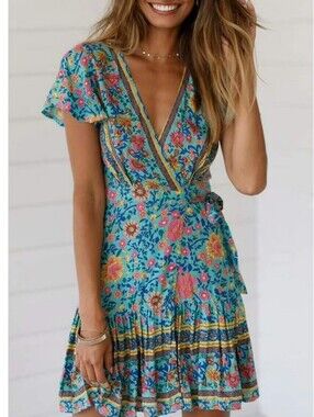 Zesica Floral Wrap Dress in Bright Turquoise & Pink Size S